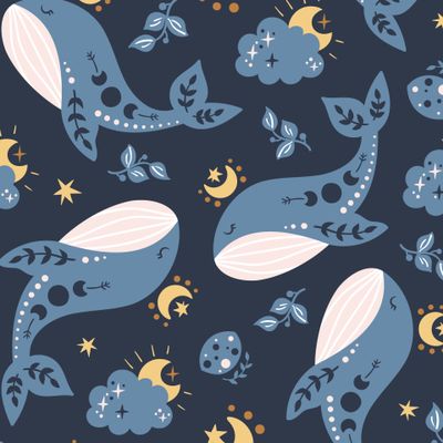 Космические киты на темно-синем фоне