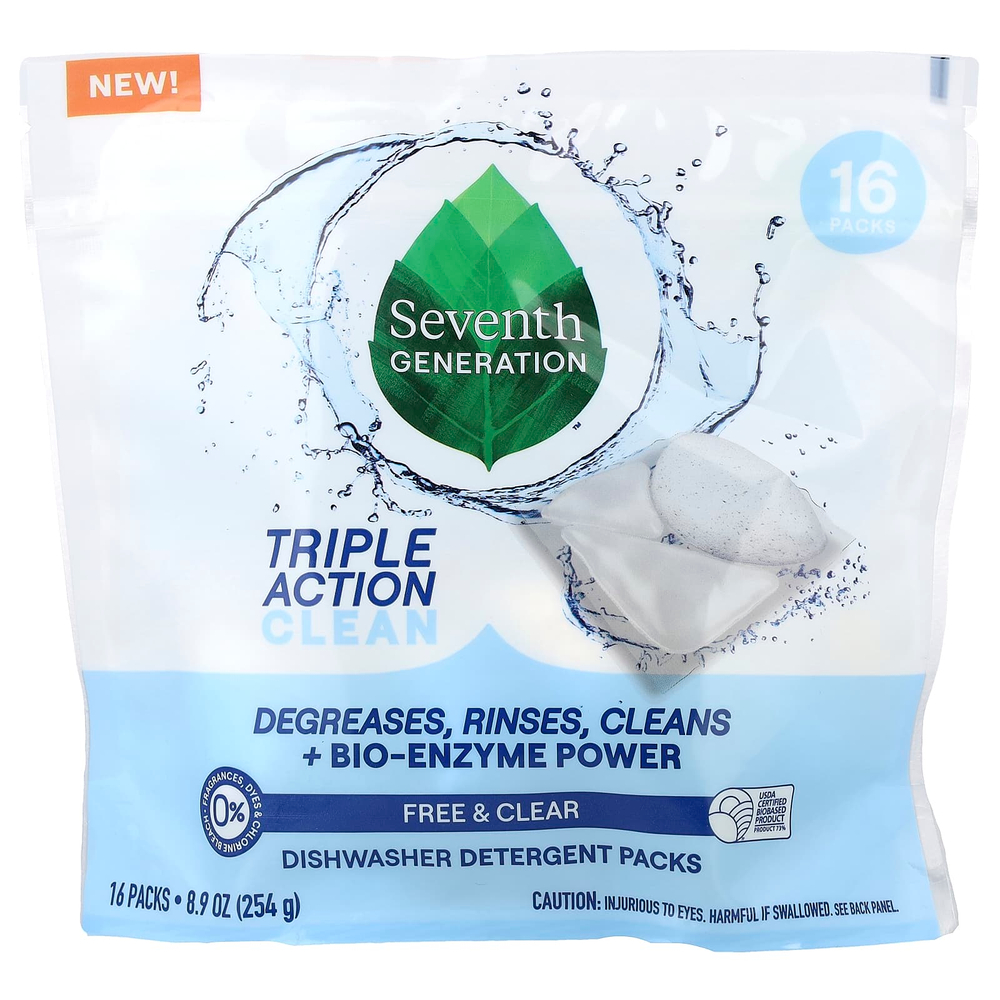 Seventh Generation, моющие средства для посудомоечных машин, Free & Clear, 16 шт., 254 г (8,9 унции)