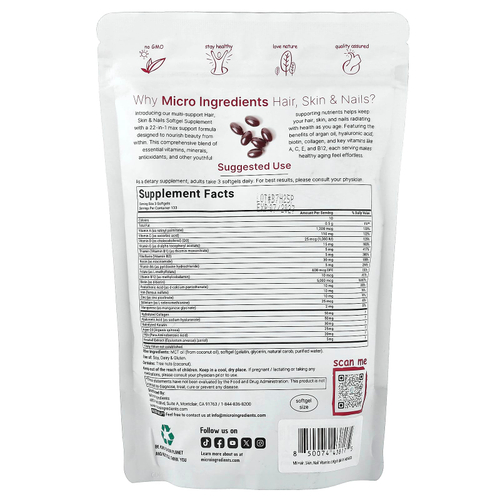 Micro Ingredients, волосы, кожа и ногти, 400 капсул