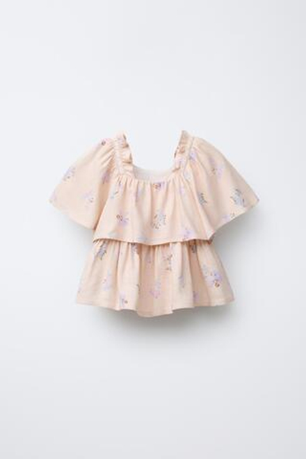 ZARA БЛУЗА ИЗ СМЕСОВОГО ЛЬНА С ВОЛАНАМИ, ПЕРСИКОВЫЙ