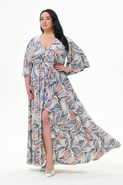 Платье с разрезом спереди, принт серо-коралловый