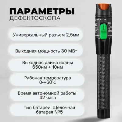 Визуальный дефектоскоп, тестер оптоволоконного кабеля мощностью 30 МВт, разъем 2,5мм. Волоконно-оптическая тестовая ручка.