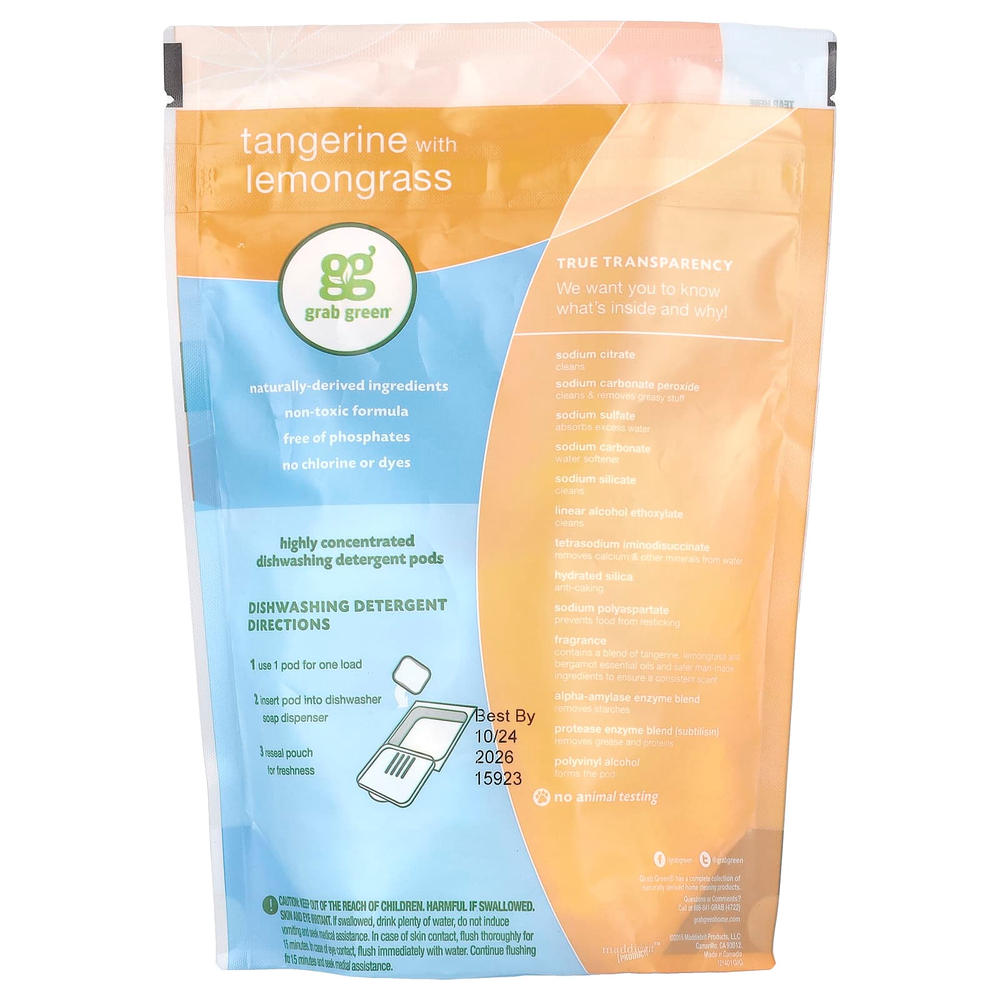 Grab Green, средство для мытья посуды в посудомоечной машине в капсулах, мандарин и лемонграсс, 24 загрузок, 432 г (15,2 унции)