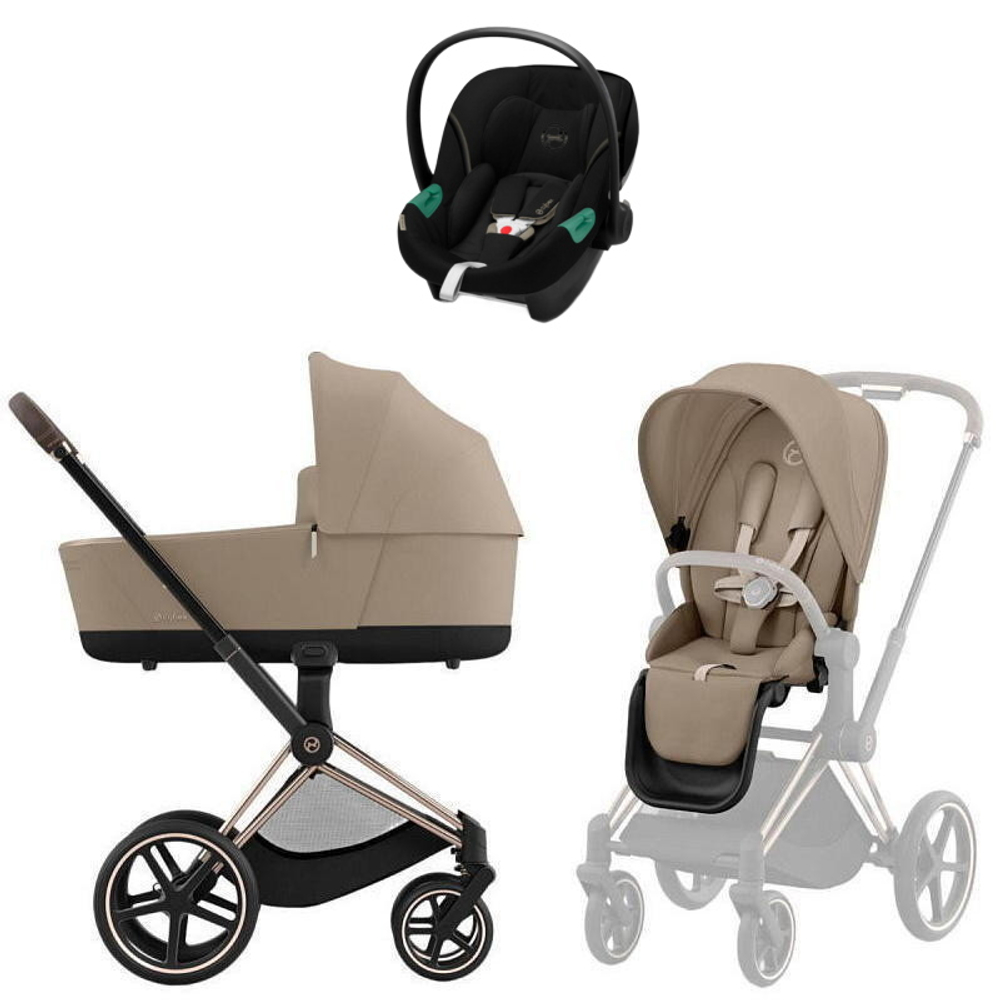 Коляска Cybex Priam IV Rosegold complete Aton S2 Moon Black Base One 4 в 1 Cozy Beige
