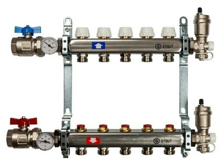 Коллектор Stout 1"x3/4" 5 контуров для радиаторного отопления из нержавеющей стали SMS-0912-000005
