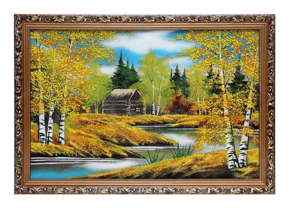 Картина№6" Осенний пейзаж" рисованная уральскими минералами в деревянном багете 670-470-20мм
