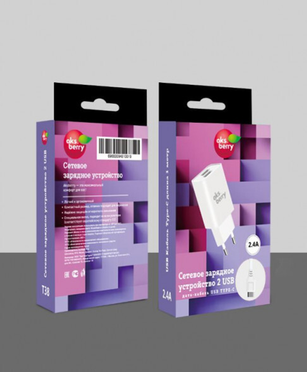 Зарядное уст. Aksberry T38 2 USB+Type-C белый