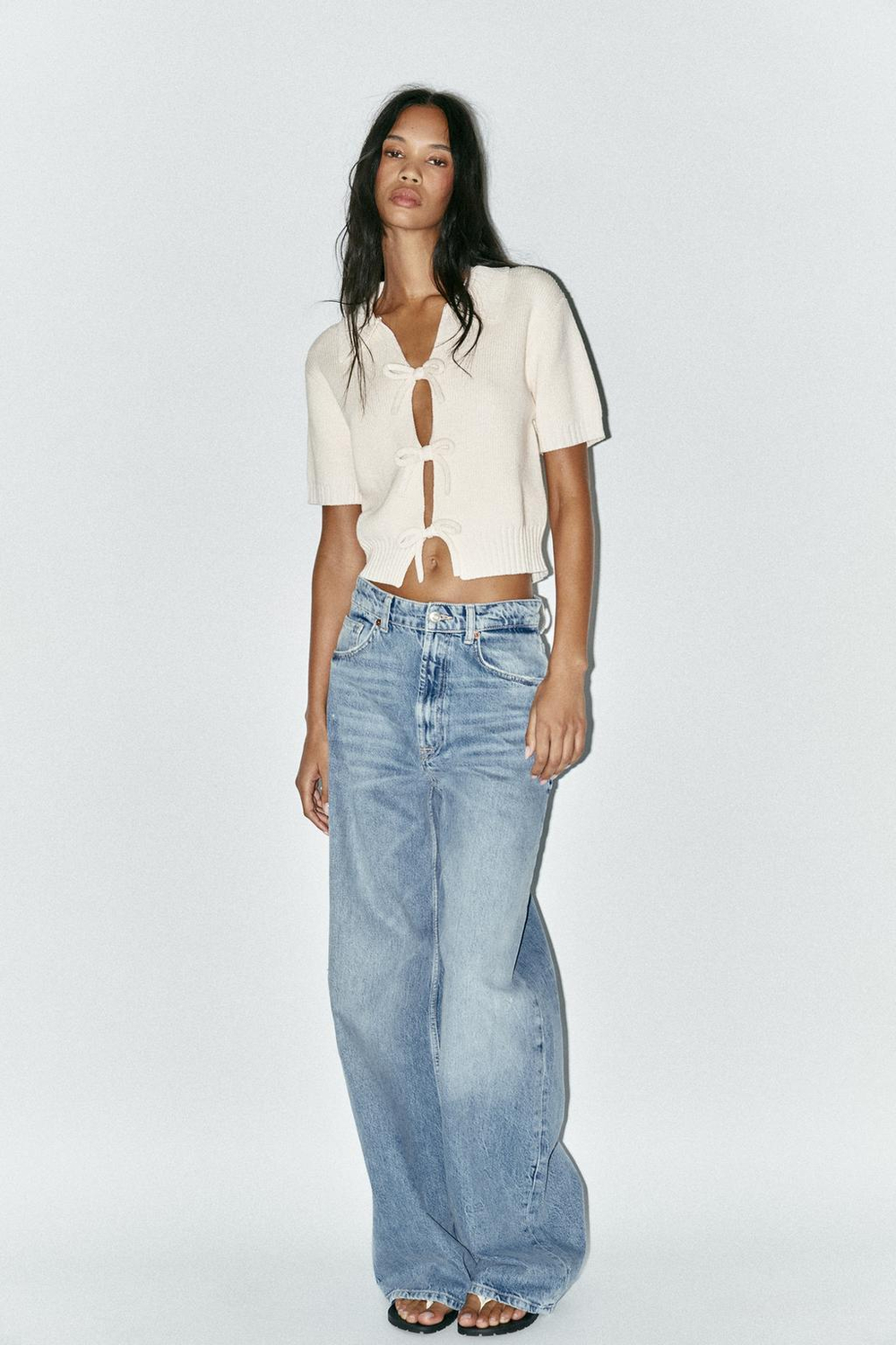 ZARA ТРИКОТАЖНЫЙ ТОП С БАНТАМИ, ЭКРЮ