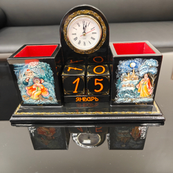 Настольный набор с часами и календарем с ручной росписью Палех "Русские сказки"