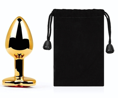 Золотистая анальная пробка с красным стразом-сердечком - 8 см. (Цвет: красный)