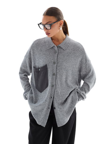 Серая кашемировая рубашка с контрастным карманом