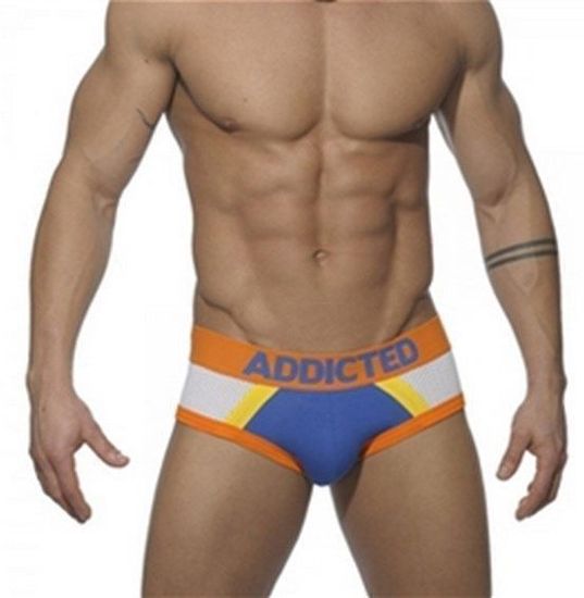 Мужские трусы брифы синие с оранжевой резинкой и вставкой из сетки Seobean Addicted