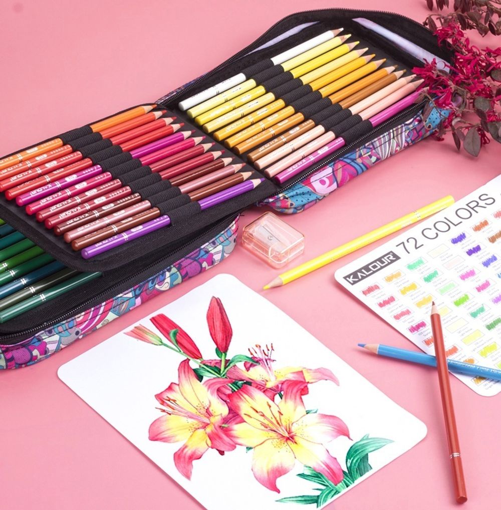 Карандаши акварельные Kalour 72 цвета тканевый пенал красный