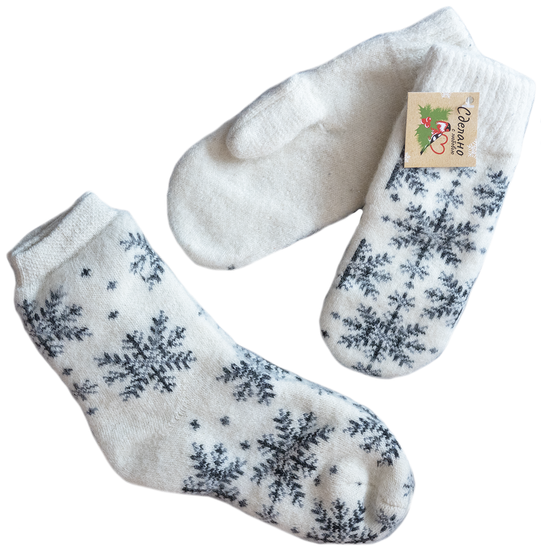 Комплект носочки и варежки "Снежинки в белом"