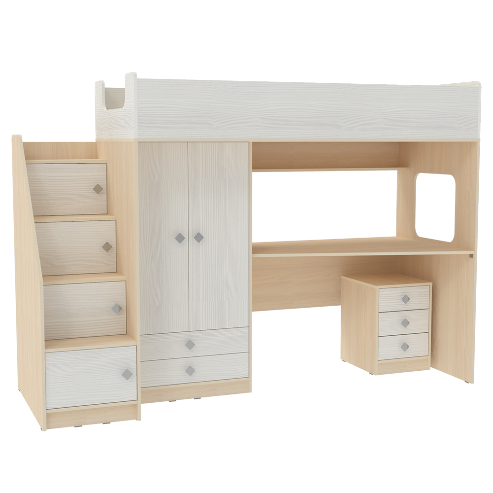 Кровать-чердак КарИВи Л-A606.3 с тумбой 80х190  Дуб Молочный Белое Дерево