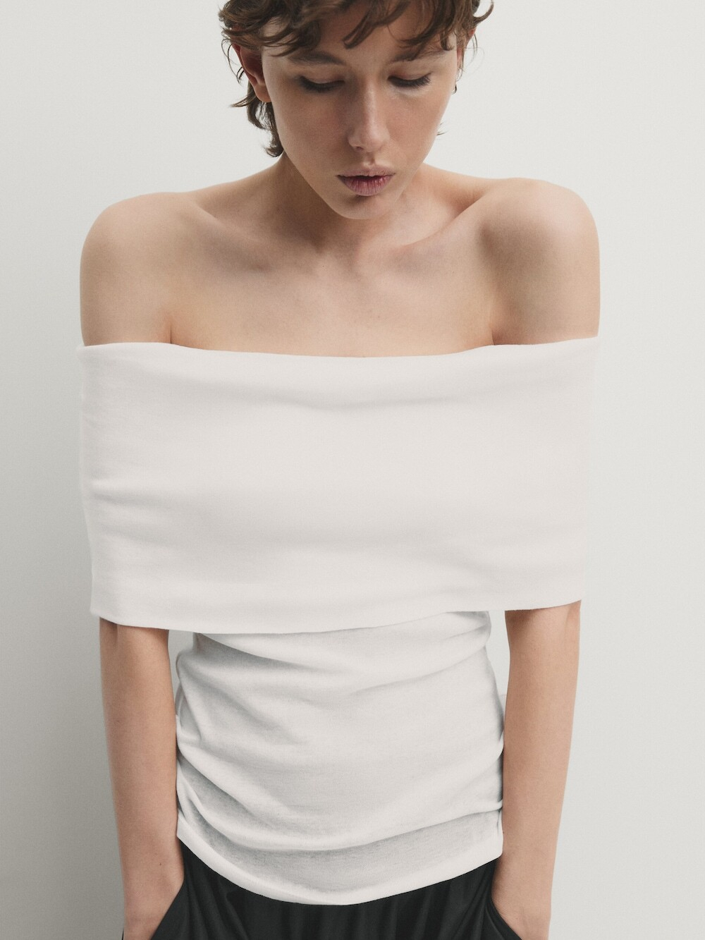 Massimo Dutti Топ с открытыми плечами, натуральный, кремовый