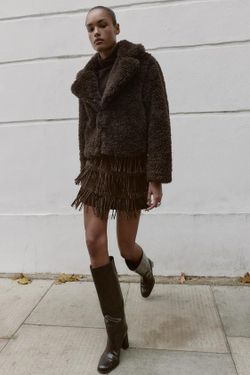 ZARA ЮБКА С БАХРОМОЙ И БЛЕСТЯЩИМ ЭФФЕКТОМ ЗАМШИ, КОРИЧНЕВЫЙ