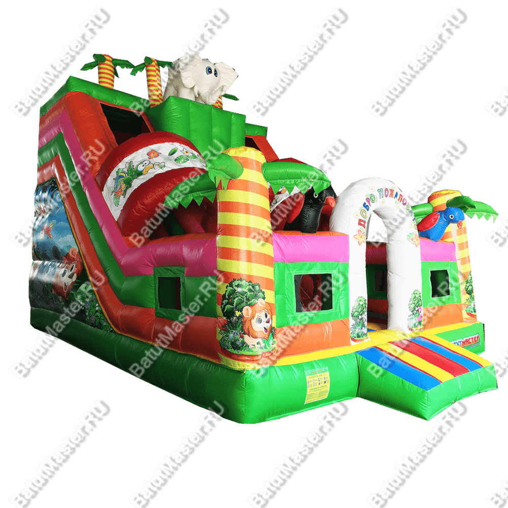 Детский надувной батут-горка "Слоник в джунглях" с окнами по бокам и птичками, 7*5*6 м