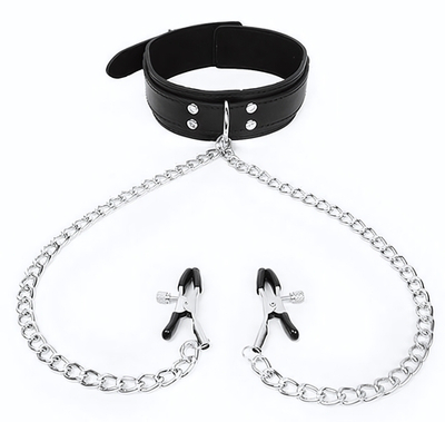 Черный ошейник с зажимами на соски на цепочке (Цвет: черный)