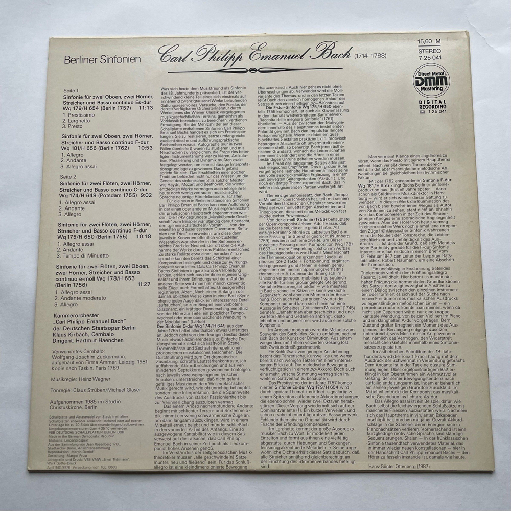 Винтажная виниловая пластинка LP Carl Philipp Emanuel Bach Бах, Kammerorchester Carl Philipp Emanuel Bach, Hartmut Haenchen Berliner Sinfonien (ГДР 1987)