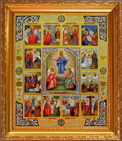 Воскресение Христово с двунадесятыми праздниками. Икона на холсте в киоте в раме