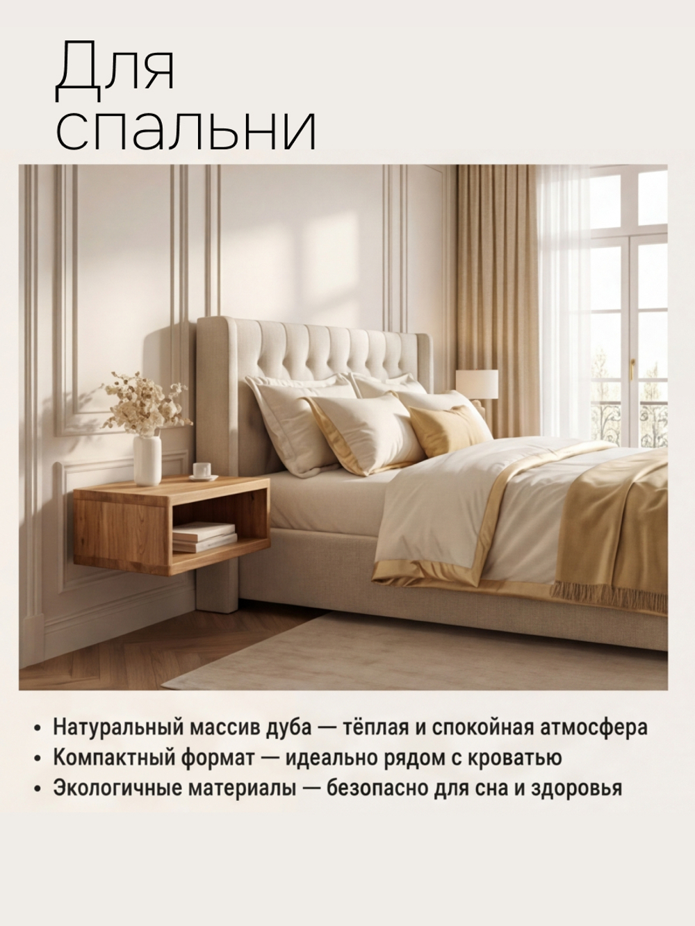Тумба прикроватная, 47х29х14.5, Мелания, подвесная, с полкой, массив дуба