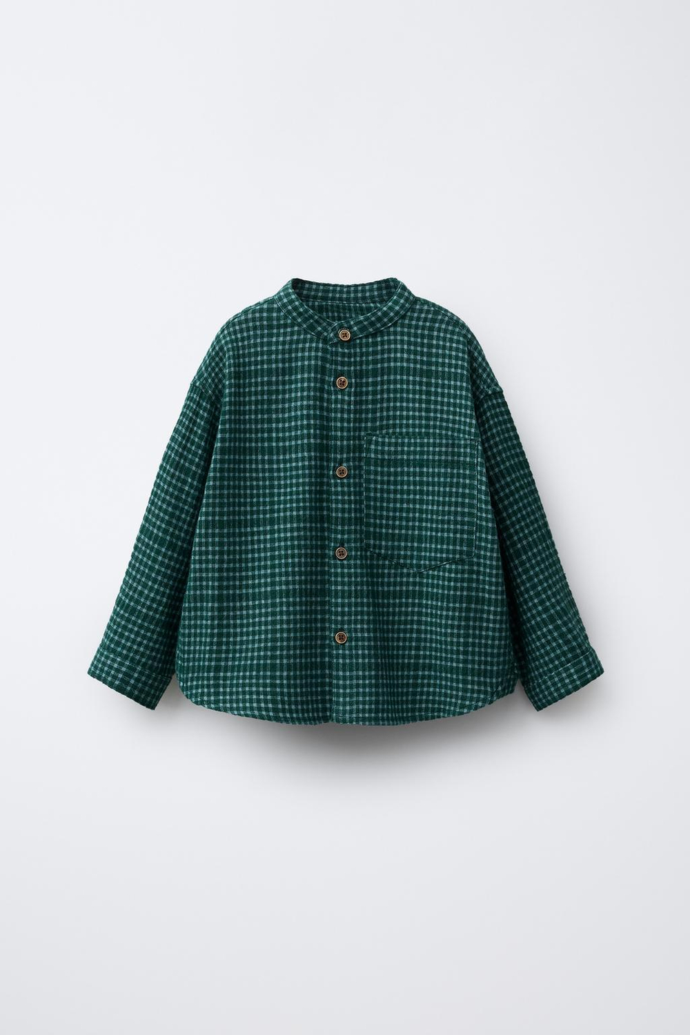 ZARA РУБАШКА В КЛЕТКУ С ВОРОТНИКОМ-СТОЙКОЙ, ЗЕЛЕНЫЙ