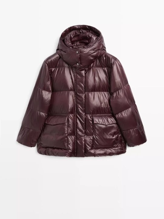 Massimo Dutti Короткая непромокаемая стеганая куртка с капюшоном, бордо