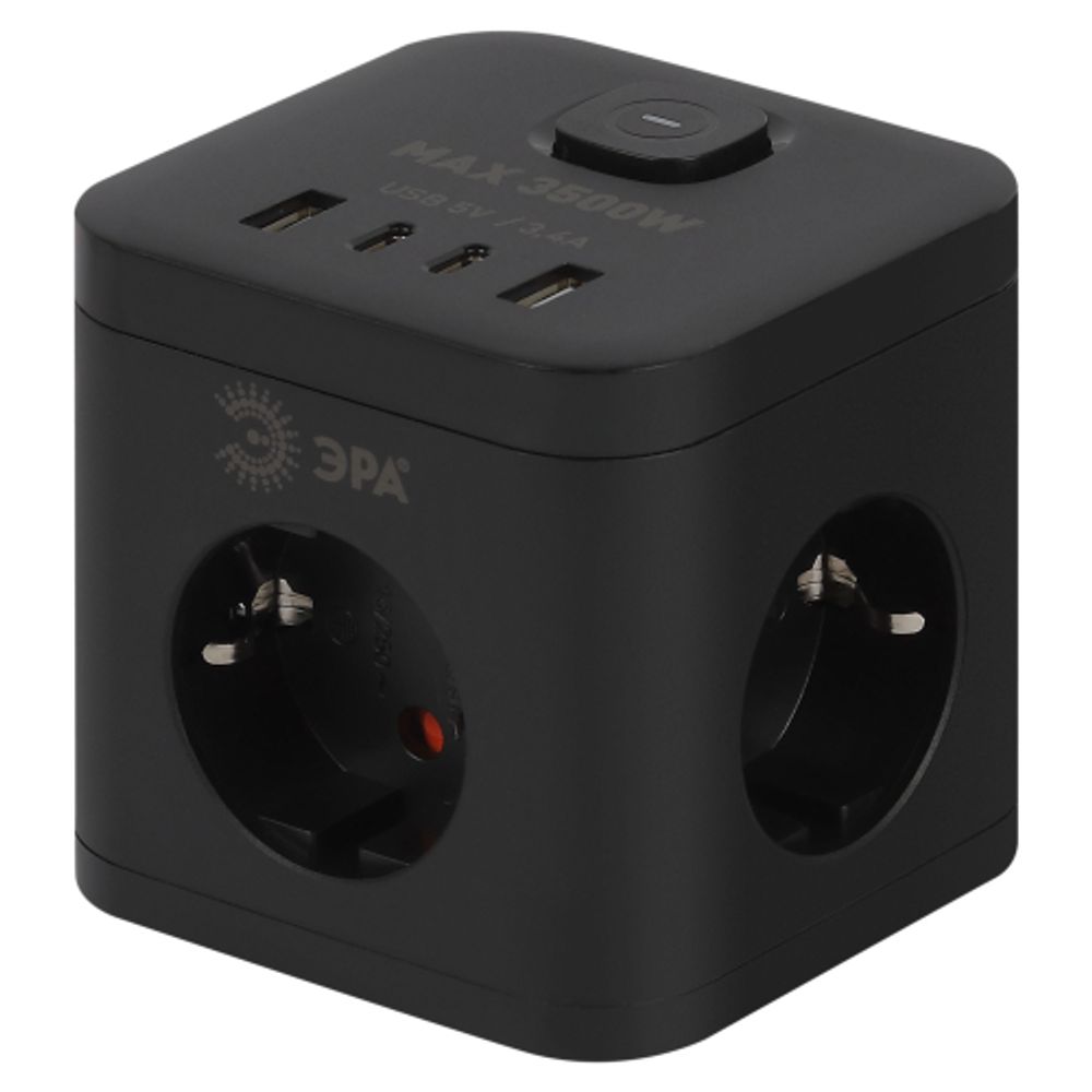 Удлинитель электрический ЭРА CUBE-3es-1,5m-4USB-B куб с заземлением с выключателем 3 розетки+4xUSBA+C 1,5м 16А черный