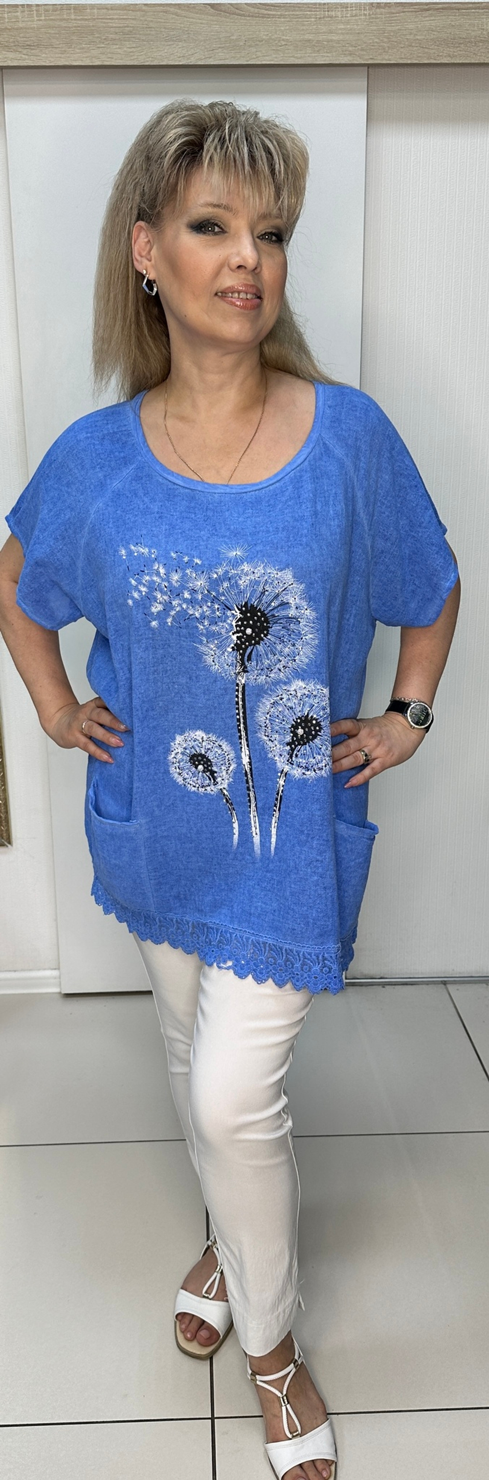 Комбинированная футболка-туника с изображением одуванчиков