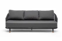 "Верона" диван 3-местный плетеный из роупа, каркас алюминий темно-серый (RAL7024) муар, роуп темно-серый круглый, ткань темно-серая 027