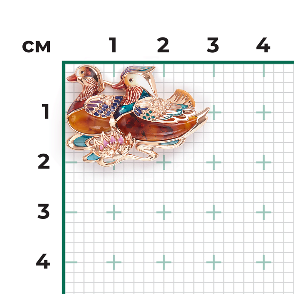 Брошь «Утки-мандаринки» из красного золота с янтарём и эмалью