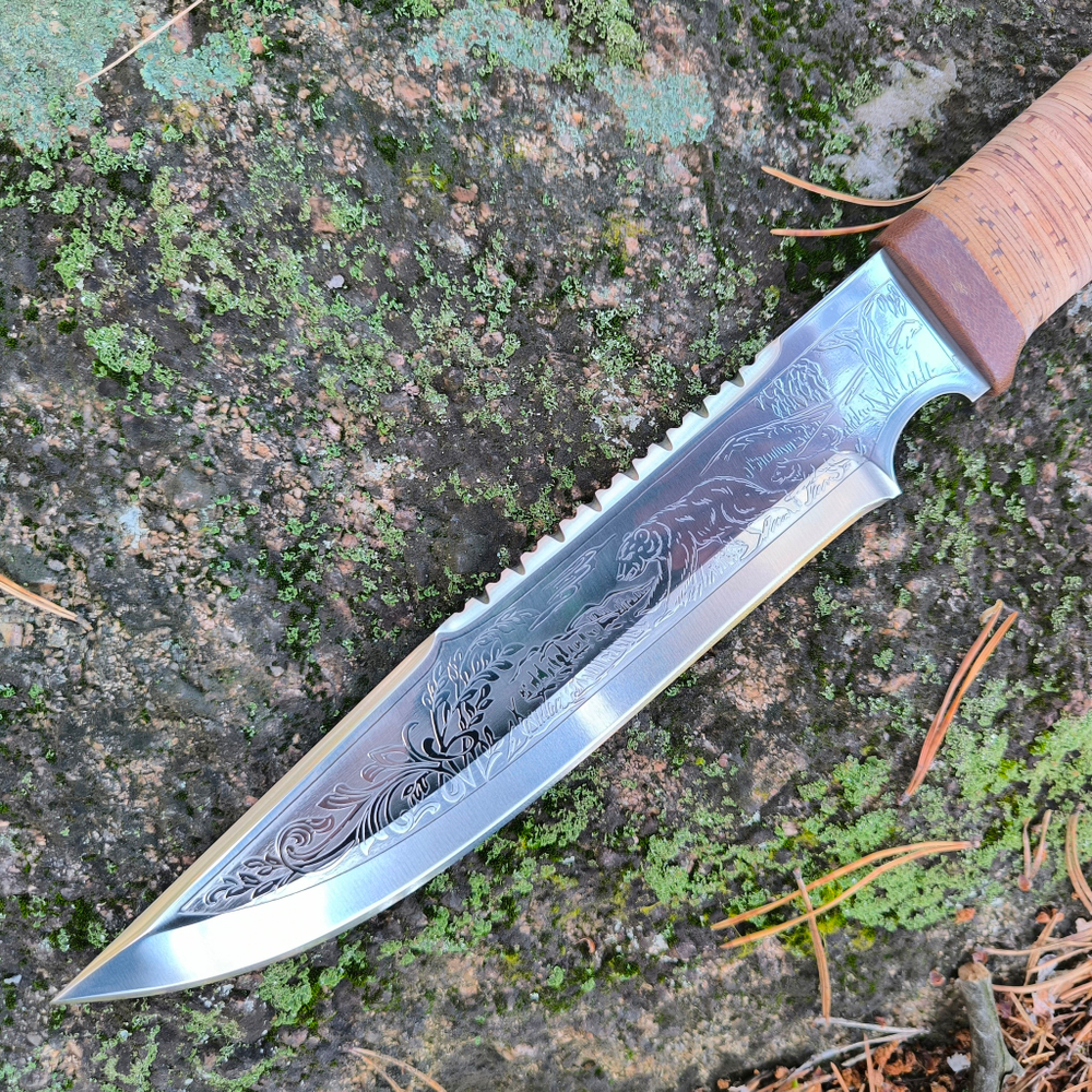 Мощный нож НС-05 береста, гравировка (Златоуст)