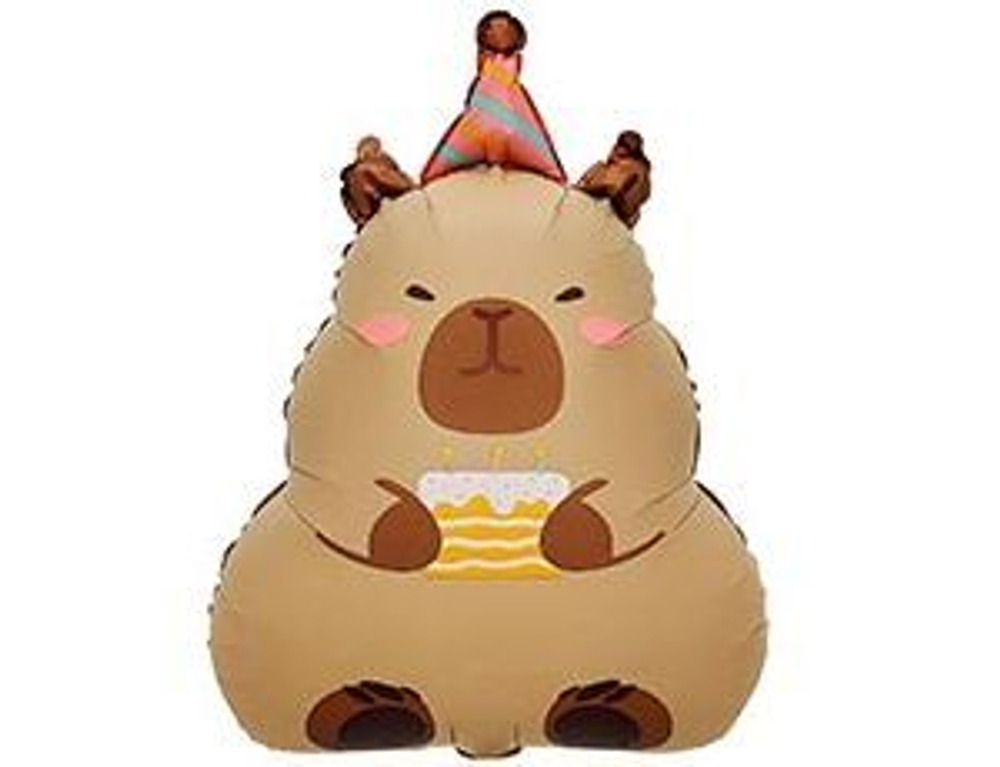 Шар фольга Фигура Капибара в колпаке с тортом 69см уже с гелием