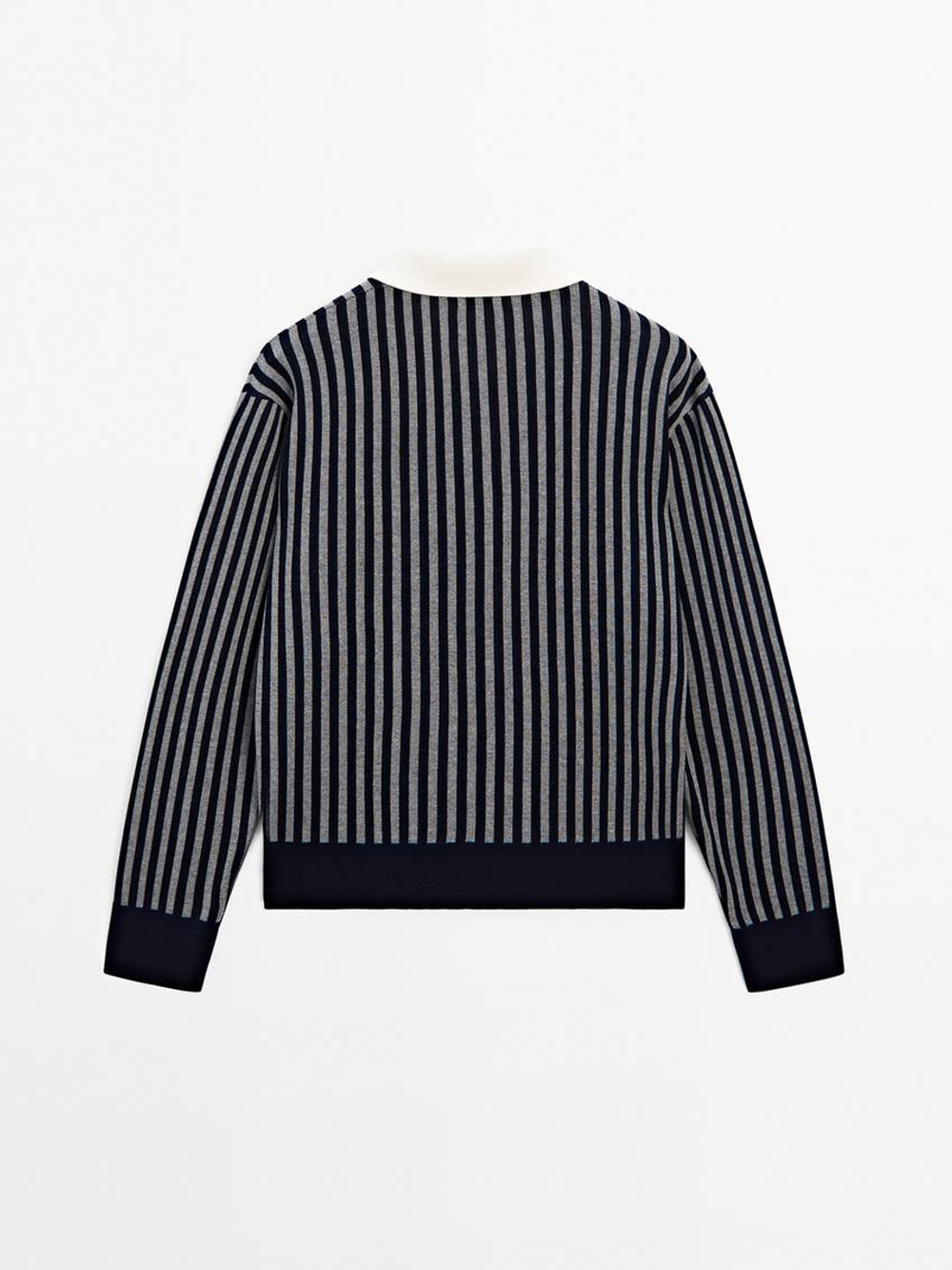 Massimo Dutti Свитер в полоску с воротником поло, серый