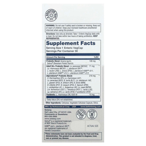 Solaray, Mycrobiome®, полноценный пробиотик, для взрослых старше 50 лет, 30 растительных капсул