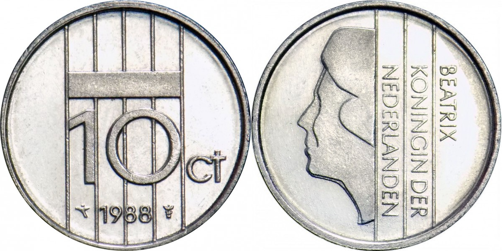 Нидерланды 10 центов, 1982 - 2001 Королева Беатрикс XF