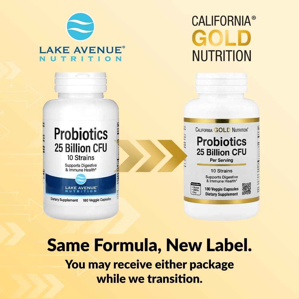 California Gold Nutrition, пробиотики с ацидофильными лактобактериями, бифидобактериями лактис, лактобактериями плантарум и лактобактериями казеи, смесь из 10 штаммов, 25 млрд КОЕ, 180 вегетарианских капсул