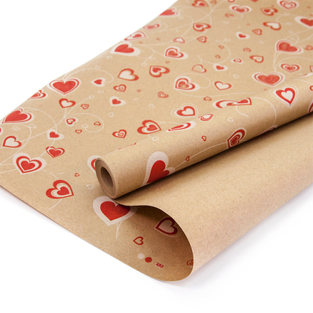 Упаковочная бумага крафт, Lamour (узорные сердца), Красный, 0,7*9,14 м