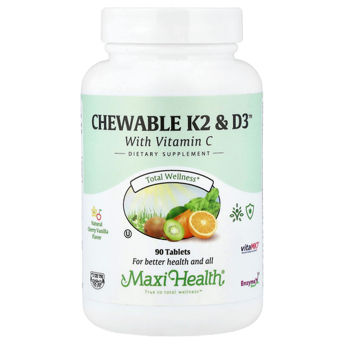 Maxi Health, жевательные таблетки K2 & D3™, натуральная вишня и ваниль, 90 таблеток