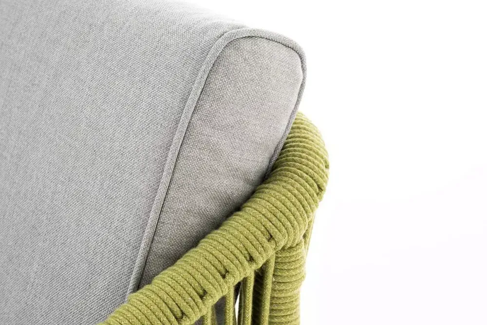 "Канны" диван 2-местный плетеный из роупа, каркас алюминий светло-серый (RAL7035) муар, роуп салатовый меланж круглый, ткань светло-серая