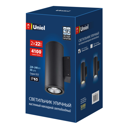 ULU-S22D-2x22W/2700K IP65 BLACK Светильник светодиодный уличный. Архитектурный накладной. Теплый белый свет (2700K). Корпус черный. TM Uniel