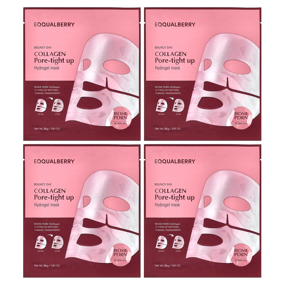 EQQUALBERRY, Bouncy Day, Collagen Pore-Tight Up, гидрогелевая маска для лица, 4 шт. по 30 г (1,01 унции)