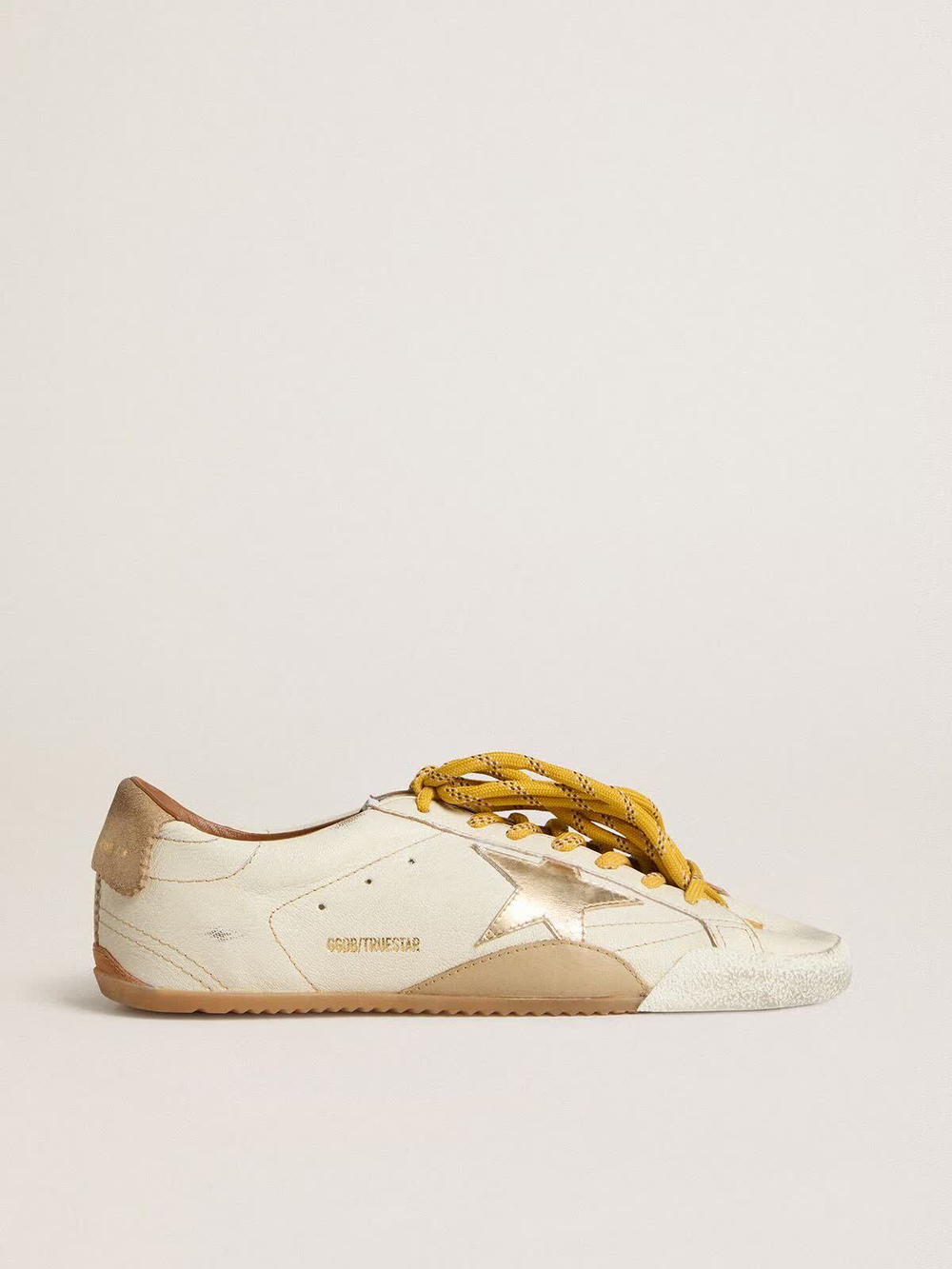 True Star in white nappa leather with gold star and beige suede heel tab