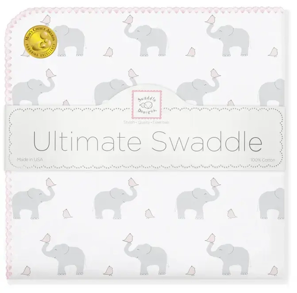 SwaddleDesigns Фланелевая пеленка для новорожденного - Elephant & Chickies, Pastel Pink