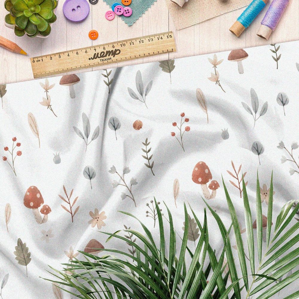 Ткань габардин осенние грибы с листочками