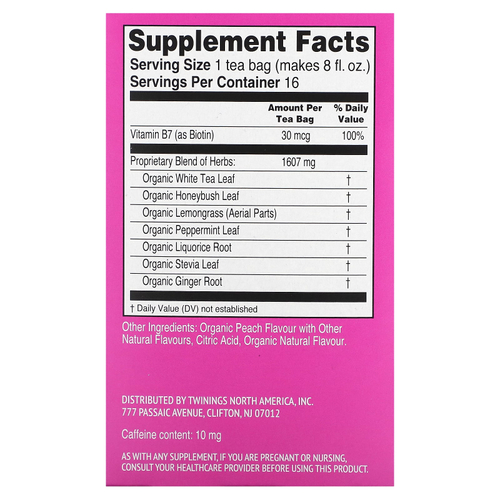 Twinings, Superblends, Glow +, белый чай, персик, 16 чайных пакетиков, 29 г (1,02 унции)