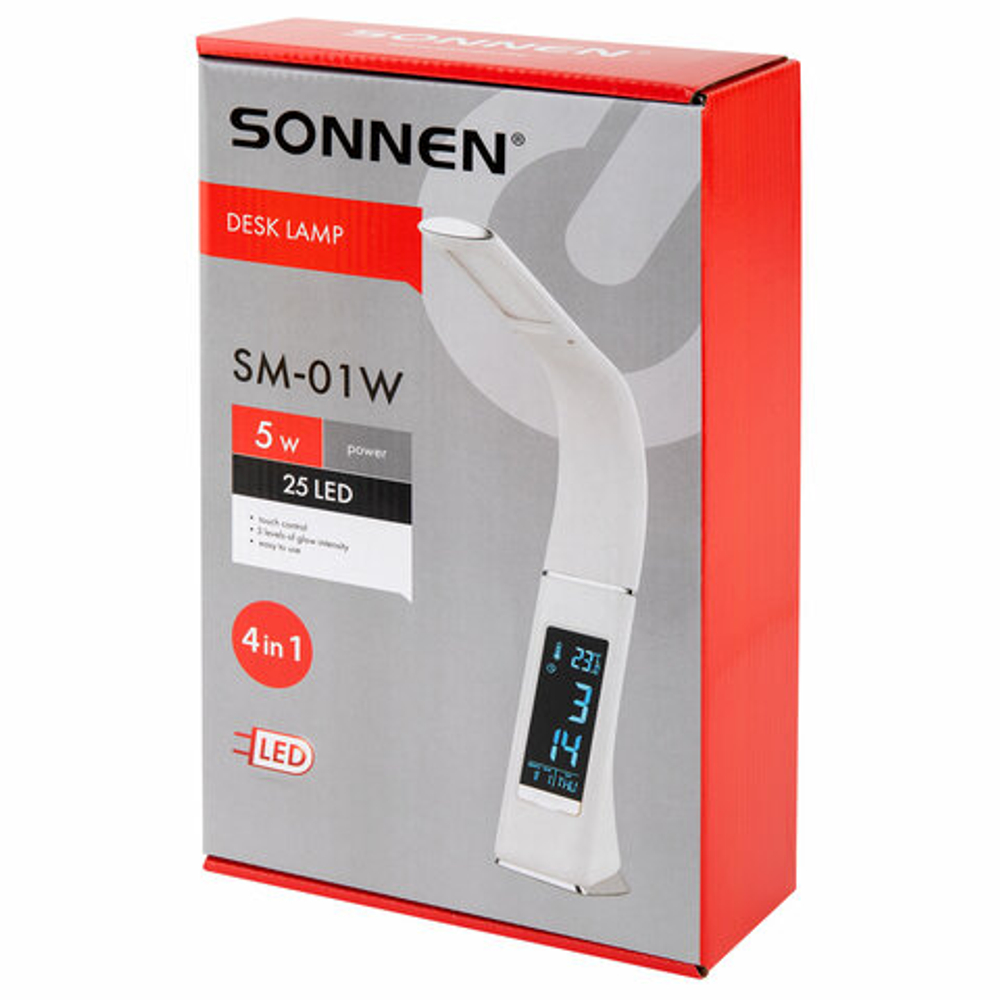 Настольная лампа / светильник SONNEN SM-01W на подставке, LCD-экран, СВЕТОДИОДНАЯ, 5 Вт, белый, 238233