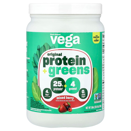 Vega, оригинальный растительный протеин и зелень, со вкусом ягодного ассорти, 510 г (1 фунт, 2 унции)