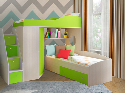 Двухъярусная кровать КарИВи  Кадет 2 с универсальной лестницей  Дуб Молочный Лайм